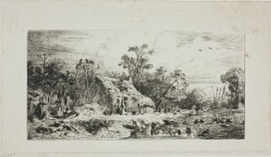 Paesaggio con cottage dal tetto di paglia da Charles Emile Jacque