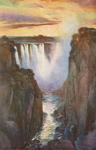 Cascate Vittoria, la cascata principale vista attraverso la gola (litografia a colori)