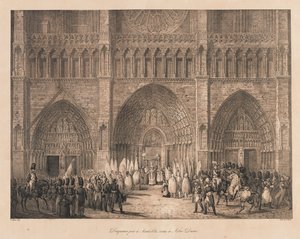 Bandiere prese ad Austerlitz ricevute a Notre Dame, inizi XIX secolo (litografia)