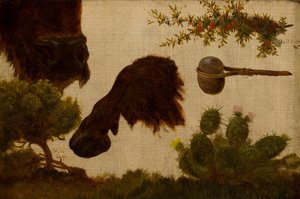 Studio per “Il bufalo ferito”: salvia della collina, testa e zoccolo di bufalo, bacca di toro, ascia di pietra e cactus