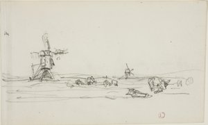 Paesaggio in Olanda (recto); schizzo di mulini a vento sull