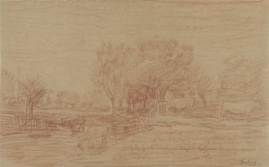 Paesaggio con mucche che pascolano e bevono e un toro che osserva da Charles Francois Daubigny