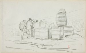 Studio di un gruppo di persone con barili (recto); due studi di una donna intenta a spigolare (verso)