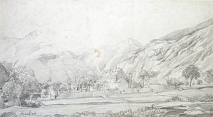 Veduta di edifici in un recinto murato con montagne sullo sfondo da Charles Francois Daubigny
