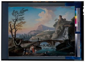 Un paesaggio fluviale con pescatori che tirano le reti, un paesaggio roccioso e un ponte pedonale oltre da Charles François Grenier de Lacroix