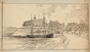 Una barca a vela sulla spiaggia con la bassa marea, vicino a una strada che porta verso un villaggio da Charles George Harper