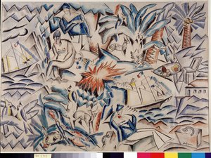 Paesaggio mediterraneo con barche, animali, vegetazione (palma) e personaggi da Charles Georges Dufresne