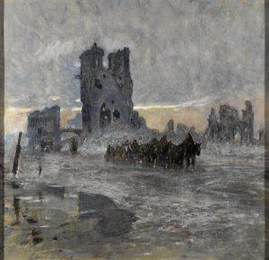 Trasporti trainati da cavalli, possibilmente un treno di artiglieria, che passano davanti alla Sala dei Tessuti in rovina, Ypres da Charles Gilbert Holiday