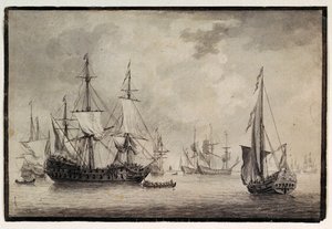 Nave da guerra olandese, yacht di stato e navi lontane in un porto, fine XVIII secolo da Charles Gore