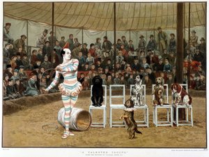 I cani sapienti: scena circense con clown e cani - dopo Charles Green, cromolitografia inglese 1885