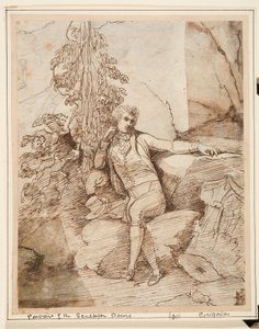 John Deare seduto su una roccia con le gambe incrociate, davanti agli alberi, con il suo cilindro accanto da Charles Grignion