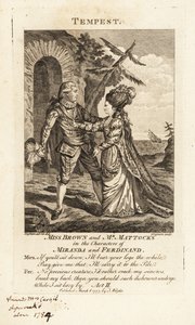 Miss Ann Brown e Mr George Mattocks nei ruoli di Miranda e Ferdinando in una versione operistica de La Tempesta di William Shakespeare, Covent Garden Theatre