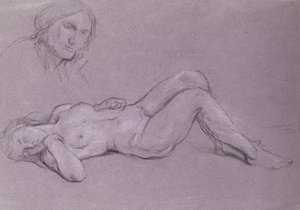 Studio di una figura femminile nuda reclinata, con uno studio di una testa di donna appoggiata sulla mano