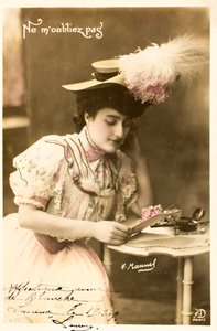 Vecchia cartolina, Non dimenticarmi, Donna della Belle Epoque da Augustus Kollner