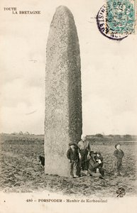Vecchia cartolina, Menhir di Kerhouezel, Porspoder, Finistere, Bretagna, Francia