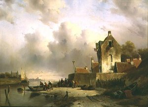 Un estuario con pescatori vicino a un molo da Charles Henri Joseph Lieckert