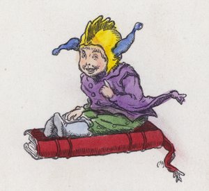 Figura seduta su un libro con un cappello da giullare