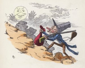 Uomo che sale una collina per sparare alla Luna (incisione colorata) da Charles Henry (after) Bennett