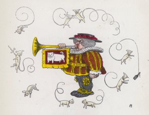 Banditore che suona una tromba, circondato da cani con la coda riccia (incisione colorata)