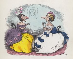Due donne con nasi grandi che bevono tè (incisione colorata)