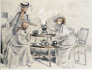 Signore che prendono il tè intorno a un piccolo samovar - disegno di Henri Tenré, ca. 1910 da Charles Henry Tenre
