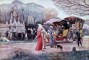 Viaggiatori che si fermano a pregare davanti a un calvario lungo la strada in Bretagna il giorno di Pasqua da Charles Henry Tenre
