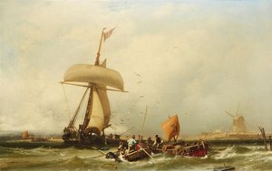 Tedesco: Vista della costa olandese con nave e barche a vela Vista della costa olandese con nave e barche a vela