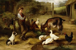 Un ragazzo con pollame e una capra in un cortile da Charles Hunt