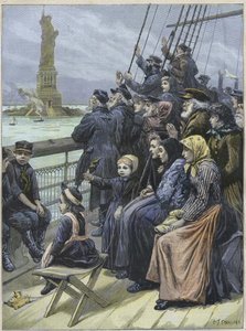 Immigrati ebrei che arrivano a New York, USA, nel 1892 - Rifugiati ebrei dalla Russia che passano davanti alla colossale statua nel porto di New York - incisione di Charles Joseph Staniland - "Arrivo degli emigranti ebrei a New York nel 1892, illustrazione
