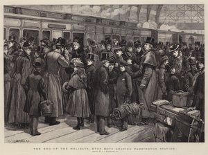 La fine delle vacanze, ragazzi di Eton che lasciano la stazione di Paddington