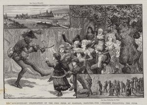 La celebrazione del seicentenario del Pifferaio Magico a Hamelin, Hannover, i bambini che seguono il Pifferaio