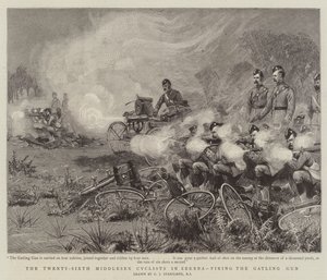 Il ventiseiesimo ciclista del Middlesex a Zereba, sparando con la mitragliatrice Gatling da Charles J. Staniland