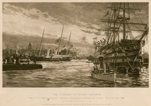 Il funerale della Regina Vittoria. Il Royal Yacht Alberta, che trasporta il corpo della Regina, entra nel porto di Portsmouth al tramonto