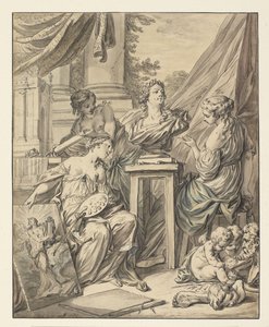 Le Belle Arti personificate da tre donne impegnate nella celebrazione del loro riconoscimento per Luigi XV, 1753