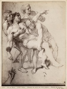 Uomo mezzo nudo sostenuto da tre uomini, studio per 