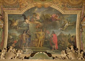 Il re Luigi XIV (1638-1715) ordina di attaccare simultaneamente quattro delle posizioni olandesi più forti nel 1672, dipinto sul soffitto della Galerie des Glaces da Charles Le Brun