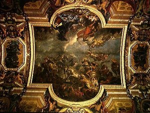Vista del Re che prende Maastricht in tredici giorni nel 1673 e il passaggio sul Reno alla presenza dei nemici nel 1672, dipinto sul soffitto della Galerie des Glaces
