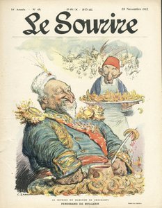 Illustrazione di Charles Leandre per la copertina di Le Smile, N. 48, 28/11/12 - Il sorriso del mangiatore di croissant - Turchia, Oriente, Balcani, Bulgaria - Ferdinando di Bulgaria da Charles Leandre