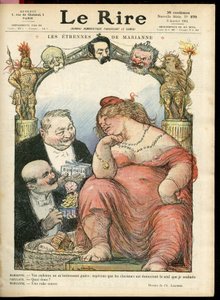 Illustrazione di Charles Léandre (1862-1934) per la copertina di Le Rire, 03/01/14 - Les étrennes de Marianne - Tribuno - Clemenceau George, Jaurès Jean, Briand Aristide, Marianne, Caillaux Joseph (1863-1944) da Charles Leandre