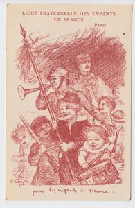 Cartolina, Satirico a Colori: Ligue fraternelle des enfants de France - Guerra del 14-18, Infanzia, Giornate patriottiche Illustrazione di Charles Leandre (1862-1934) da Charles Leandre