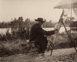 Il pittore Lhermitte Léon (1844-1925), mentre lavora sulla riva della Marna, non lontano dalla sua proprietà, circa 1914-1915, Francia