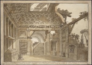 Progetto per i dipinti nella cella di Padre Lesueur nel Monastero della Santissima Trinità dei Monti a Roma - Charles Louis Clerisseau (1722-1820). Penna, pennello, inchiostro grigio e marrone, bianco su carta, ca 1760. Dimensioni: 36,9x53 cm. State Hermit da Charles Louis Clerisseau