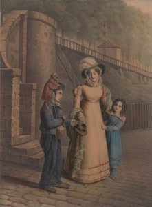 Ragazzo con una scimmia sulla spalla che riceve monete da una madre e una figlia da Charles Louis Constans