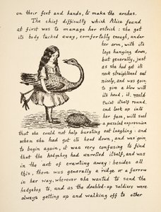 Alice con il suo struzzo, illustrazione da Le avventure di Alice sottoterra, pub. 1886 (facsimile) da Charles Lutwidge Dodgson