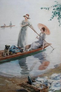 Due ragazze con il loro carlino che tornano al picnic da Charles MacIvor or MacIver Grierson