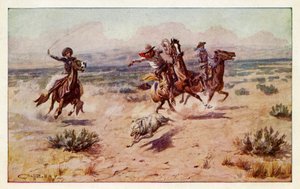 Cowboy che inseguono un lupo di prateria da Charles Marion Russell