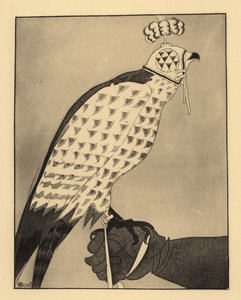 Falco da caccia con cappuccio appollaiato sul guanto di un falconiere da Charles Martin