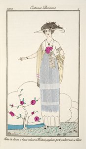 Robe de linon à haut volant de Broderie anglaise perle souliers noir et blanc, Tavola 5, Costumes Parisiens pubblicato in Journal des Dames et des Modes, 1912 da Charles Martin