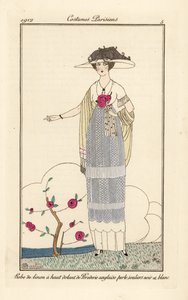 Donna in abito di lino con pizzo inglese perla, pantofole bianche e nere da Charles Martin