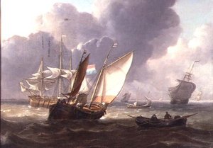 Tre alberi olandesi e piccole imbarcazioni in un mare mosso da Charles Martin Powell